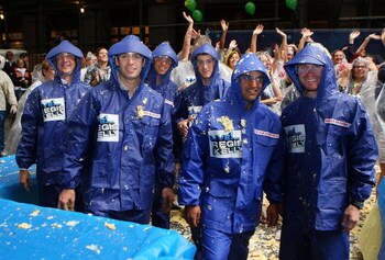 NEW YORK - SEPTEMBER 17:  NASCAR Drivers (L-R) Kurt Busch, Jimmie Johnson, Denny Hamlin, Kasey Kahne, Juan Pablo Montoya and Brian Vickers take part in Largest Custard Pie fight during Guinness World Record Breaker Week on 'LIVE! with Regis and Kelly' dur