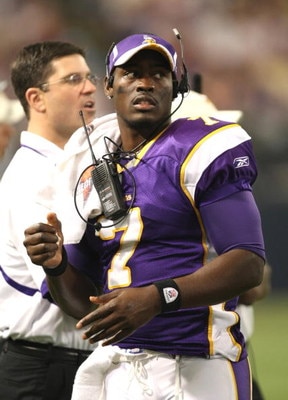 MINNEAPOLIS - SEPTEMBER 21:  Quarterback Tarvaris Jackson #7 of the Minnesota Vikings was on the sidelines during the game against the Carolina Panthers at the HH Humphrey Metrodome on September 21, 2008 in Minneapolis, Minnesota.  The Vikings defeated th