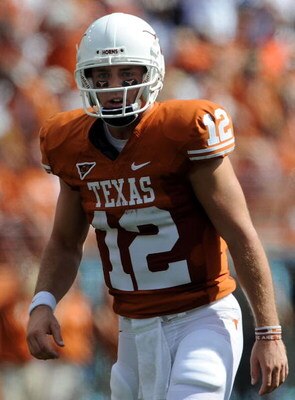 AUSTIN, TX - SEPTEMBER 26:  Quarterback Colt McCoy #12 of the Texas Longhorns at Darrell K Royal-Texas Memorial Stadium on September 26, 2009 in Austin, Texas.  (Photo by Ronald Martinez/Getty Images)
