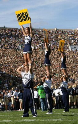 SOUTH BEND, IN - SEPTEMBER 19: Cheerleaders for the Notre Dame Fighting Irish perform during a game against the Michigan State Spartans on September 19, 2009 at Notre Dame Stadium in South Bend, Indiana. Notre Dame defeated Michigan State 33-30. (Photo by