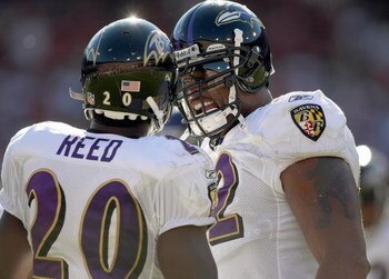 SAN FRANCISCO - OCTOBER 07: Ray Lewis #52 of the Baltimore Ravens yells incouragement to Ed Reed #20 against the San Francisco 49ers before an NFL game on October 7, 2007 at Monster Park in San Francisco, California. (Photo by Jed Jacobsohn/Getty Images)
