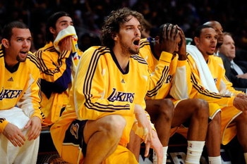 LOS ANGELES, CA - MAY 19:  (M) Pau Gasol #16 of the Los Angeles Lakers yells from the bench in the fourth quarter against the Denver Nuggets in Game One of the Western Conference Finals during the 2009 NBA Playoffs at Staples Center on May 19, 2009 in Los