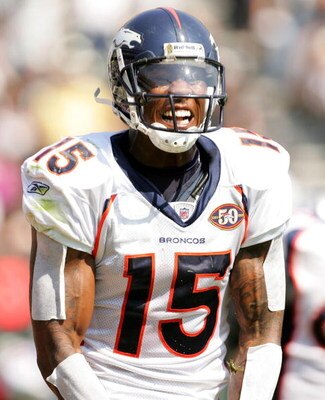 OAKLAND, CA - SEPTEMBER 27:  Brandon Marshall #15 of the Denver Broncos celebrates after he scored a touchdown against the Oakland Raiders at the Oakland-Alameda County Coliseum on September 27, 2009 in Oakland, California.  (Photo by Ezra Shaw/Getty Imag