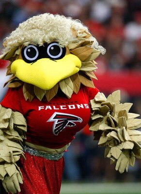 ATLANTA - SEPTEMBER 13:  Freddie, mascot of the Atlanta Falcons, dances with the cheerleaders during the game against the Miami Dolphins during the game at Georgia Dome on September 13, 2009 in Atlanta, Georgia.  (Photo by Kevin C. Cox/Getty Images)
