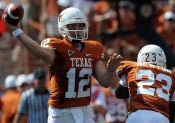AUSTIN, TX - SEPTEMBER 26:  Quarterback Colt McCoy #12 of the Texas Longhorns at Darrell K Royal-Texas Memorial Stadium on September 26, 2009 in Austin, Texas.  (Photo by Ronald Martinez/Getty Images)
