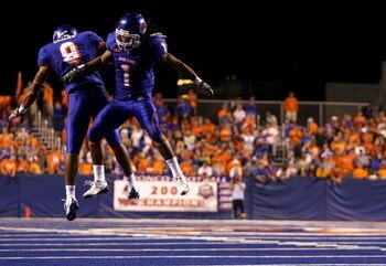 BOISE , ID - SEPTEMBER 13: Kyle Wilson #1 of the Boise State Broncos celebrates with teammate Jeremy Childs #9 after making an interception against the Bowling Green Falcons at Bronco Stadium on September 13, 2008 in Boise, Idaho. (Photo by Jonathan Ferre