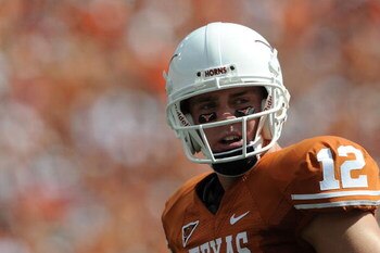 AUSTIN, TX - SEPTEMBER 26:  Quarterback Colt McCoy #12 of the Texas Longhorns at Darrell K Royal-Texas Memorial Stadium on September 26, 2009 in Austin, Texas.  (Photo by Ronald Martinez/Getty Images)