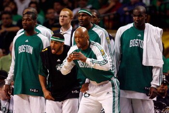 BOSTON - JUNE 17:  The Boston Celtics bench celebrates in the fourth quarter of Game Six of the 2008 NBA Finals  against the Los Angeles Lakers on June 17, 2008 at TD Banknorth Garden in Boston, Massachusetts. NOTE TO USER: User expressly acknowledges and