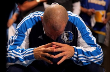 DENVER - MAY 05:  Jason Kidd #2 of the Dallas Mavericks pauses during warm ups prior to facing the Denver Nuggets in Game Two of the Western Conference Semifinals during the 2009 NBA Playoffs at Pepsi Center on May 5, 2009 in Denver, Colorado. The Nuggets