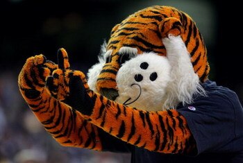 ATLANTA - MARCH 10:  Aubie, the mascot for the Auburn Tigers cheers during a time out in the first round of the SEC Men's Basketball Tournament against the Vanderbilt Commodores at the Georgia Dome on March 10, 2005 in Atlanta, Georgia. (Photo by Streeter