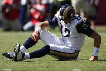 SAN FRANCISCO - OCTOBER 04:  Kyle Boller #12 of the the St. Louis Rams sits on the ground against the San Francisco 49ers during an NFL game on October 4, 2009 at Candlestick Park in San Francisco, California.  (Photo by Jed Jacobsohn/Getty Images)