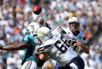 SAN DIEGO, CA - SEPTEMBER 27: Quaterback Philip Rivers #17 of the San Diego Chargers throws the ball against the Miami Dolphins at Qualcomm Stadium on September 27, 2009 in San Diego, California. (Photo by Donald Miralle/Getty Images)