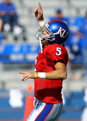 LAWRENCE, KS - SEPTEMBER 26:  Quarterback Todd Reesing #5 of the Kansas Jayhawks reacts during warm-ups just prior to the start of the game against the Southern Mississippi Golden Eagles on September 26, 2009 at Memorial Stadium in Lawrence, Kansas.  (Pho