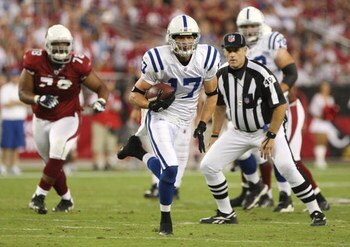 GLENDALE, AZ - SEPTEMBER 27:  Wide receiver Austin Collie #17 of the Indianapolis Colts runs after a catch in the second quarter against the Arizona Cardinals during the game at University of Phoenix Stadium on September 27, 2009 in Glendale, Arizona. (Ph