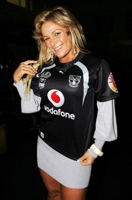 AUCKLAND, NEW ZEALAND - JUNE 11:  WWE wrestler Natalya poses for a photo with a Warriors team jersey after a Warriors NRL training session at Mt Smart Stadium on June 11, 2008 in Auckland, New Zealand.  (Photo by Sandra Mu/Getty Images)