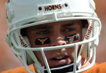 AUSTIN, TX - SEPTEMBER 26:  Quarterback Colt McCoy #12 of the Texas Longhorns at Darrell K Royal-Texas Memorial Stadium on September 26, 2009 in Austin, Texas.  (Photo by Ronald Martinez/Getty Images)