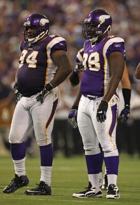 MINNEAPOLIS - SEPTEMBER 27: Pat Williams #94 and Letroy Guion #98 of the Minnesota Vikings await the start of play against the San Francisco 49ers at the Hubert H. Humphrey Metrodome on September 27, 2009 in Minneapolis, Minnesota. The Vikings defeated th