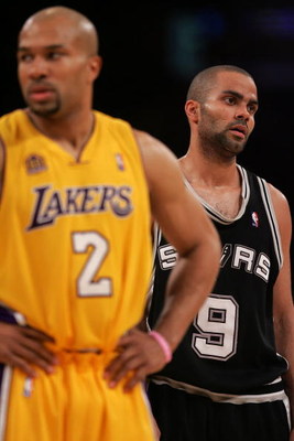 LOS ANGELES, CA - MAY 29:  Tony Parker #9 of the San Antonio Spurs reacts in the final minute alongside Derek Fisher #2 of the Los Angeles Lakers in Game Five of the Western Conference Finals during the 2008 NBA Playoffs on May 29, 2008 at Staples Center 