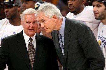 LOS ANGELES, CA - MAY 29:  Los Angeles Lakers legend Jerry West and General Manager Mitch Kupchak of the Los Angeles Lakers talk together after the Lakers defeated the San Antonio Spurs in Game Five of the Western Conference Finals during the 2008 NBA Pla