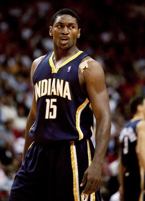 MIAMI - NOVEMBER 03:  Ron Artest #15 of the Indiana Pacers complains to an official after he was fouled going the the basket against the Miami Heat November 3, 2005 at the American Airlines Arena in Miami, Florida. NOTE TO USER: User expressly acknowledge