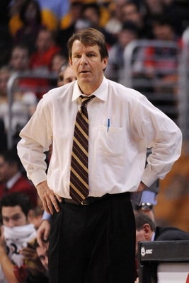 LOS ANGELES, CA - MARCH 12:  Head coach of the USC Trojans Tim Floyd watched game action against the California Golden Bears in the Pacific Life Pac-10 Men's Basketball Tournament at the Staples Center on March 12, 2009 in Los Angeles, California.  (Photo