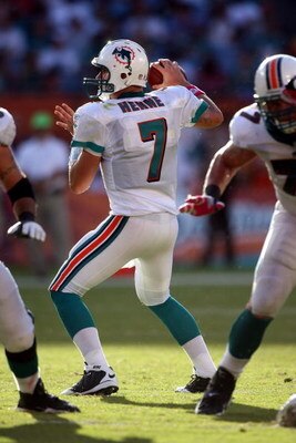MIAMI - OCTOBER 04:  Quarterback Chad Henne #7 of the Miami Dolphins throws against the Buffalo Bills at Land Shark Stadium on October 4, 2009 in Miami, Florida. Miami defeated Buffalo 38-10.  (Photo by Marc Serota/Getty Images)