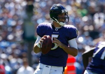 SAN DIEGO - SEPTEMBER 20:  Quarterback Joe Flacco #5 of the Baltimore Ravens plays against the San Diego Chargers at Qualcomm Stadium on September 20, 2009 in San Diego, California.  (Photo by Jeff Gross/Getty Images)