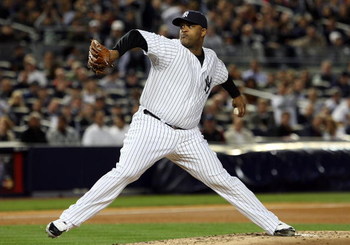 NEW YORK - OCTOBER 07: Starting pitcher CC Sabathia #52 of the New York Yankees deals against the Minnesota Twins in Game One of the ALDS during the 2009 MLB Playoffs at Yankee Stadium on October 7, 2009 in the Bronx borough of New York City. (Photo by