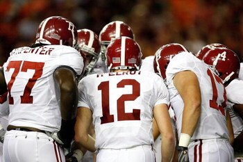 ATLANTA - SEPTEMBER 05:  Quarterback Greg McElroy #12 of the Alabama Crimson Tide against the Virginia Tech Hokies during the Chick-fil-A Kickoff Game at Georgia Dome on September 5, 2009 in Atlanta, Georgia.  (Photo by Kevin C. Cox/Getty Images)