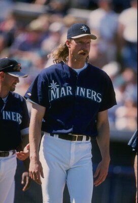 8 Mar 1998:  Pitcher Randy Johnson of the Seattle Mariners in action during a spring training game against the Colorado Rockies at the Peoria Sports Complex in Peoria, Arizona.  The Mariners won the game, 12-6. Mandatory Credit: Jeff Carlick  /Allsport