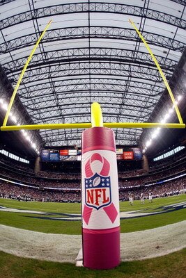 HOUSTON - OCTOBER 04:  A pink ribbon with the NFL logo in support of Breast Cancer Awareness on the goal post before a game between the Oakland Raiders and the Houston Texans at Reliant Stadium on October 4, 2009 in Houston, Texas. Many players and offici