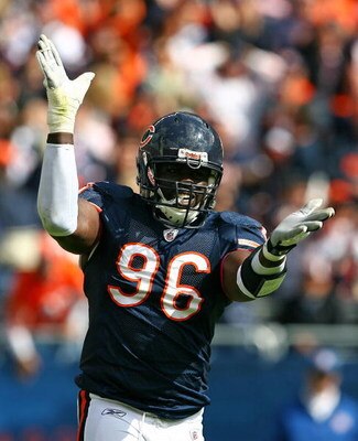 CHICAGO - OCTOBER 04:  Alex Brown #96 of the Chicago Bears celebrates a sack against the Detroit Lions on October 4, 2009 at Soldier Field in Chicago, Illinois. The Bears defeated the Lions 48-24. (Photo by Jonathan Daniel/Getty Images)