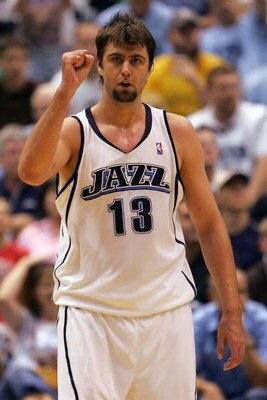 SALT LAKE CITY - MAY 28:  Mehmet Okur #13 of the Utah Jazz reacts against the San Antonio Spurs during Game Four of the Western Conference Finals during the 2007 NBA Playoffs at EnergySolutions Arena on May 28, 2007 in Salt Lake City, Utah. The Spurs defe