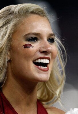 ARLINGTON, TX - OCTOBER 03:  Cheerleaders of the Arkansas Razorbacks at Cowboys Stadium on October 3, 2009 in Arlington, Texas.  (Photo by Ronald Martinez/Getty Images)