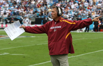 CHARLOTTE, NC - OCTOBER 11: Head coach Jim Zorn of Washington Redskins watches on against the Carolina Panthers at Bank of America Stadium on October 11, 2009 in Charlotte, North Carolina. (Photo by Streeter Lecka/Getty Images)