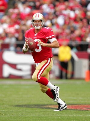 SAN FRANCISCO - OCTOBER 11:  Shaun Hill #13 ofthe San Francisco 49ers looks to pass the ball during their game against the Atlanta Falcons at Candlestick Park on October 11, 2009 in San Francisco, California.  (Photo by Ezra Shaw/Getty Images)