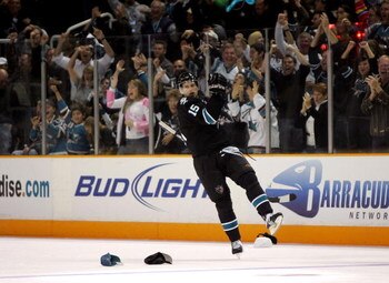 SAN JOSE, CA - OCTOBER 08:  Dany Heatley #15 of the San Jose Sharks celebrates after scoring a hat trick on a penalty shot during their game against the Columbus Blue Jackets in the second period at HP Pavilion on October 8, 2009 in San Jose, California. 
