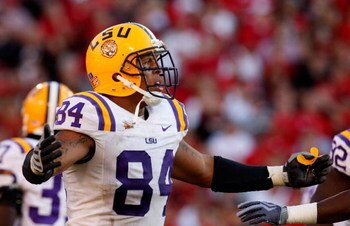 ATHENS, GA - OCTOBER 03:  Rahim Alem #84 of the Louisiana State University Tigers against the Georgia Bulldogs at Sanford Stadium on October 3, 2009 in Athens, Georgia.  (Photo by Kevin C. Cox/Getty Images)