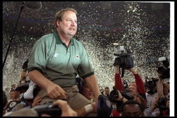 26 Jan 1997: Green Bay Packers head coach Mike Holmgren celebrates after Super Bowl XXXI against the New England Patriots at the Superdome in New Orleans, Louisiana. The Packers won the game, 35-21. Mandatory Credit: Rick Stewart /Allsport