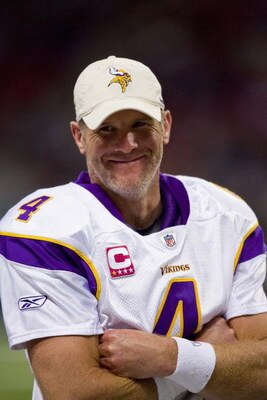 ST. LOUIS, MO - OCTOBER 11: Brett Favre #4 of the Minnesota Vikings looks on from the sideline against the St. Louis Rams at the Edward Jones Dome on October 11, 2009 in St. Louis, Missouri.  The Vikings beat the Rams 38-10.  (Photo by Dilip Vishwanat/Get