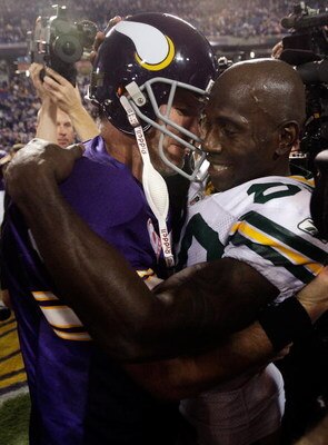 MINNEAPOLIS - OCTOBER 05:  Quarterback Brett Favre #4 of the Minnesota Vikings hugs former teammate Donald Driver #80 of the Green Bay Packers following the Vikings victory over the Packers on October 5, 2009 at Hubert H. Humphrey Metrodome in Minneapolis