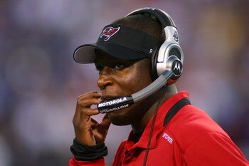 ORCHARD PARK, NY - SEPTEMBER 20:  Head Coach Raheem Morris of the Tampa Bay Buccaneers watches from the sidelines during the game against the Buffalo Bills at Ralph Wilson Stadium on September 20, 2009 in Orchard Park, New York.  The Bills won 33-20.  (Ph