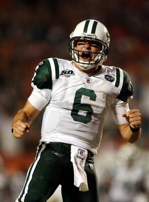 MIAMI - OCTOBER 12:  Quarterback Mark Sanchez #6 of the New York Jets celebrate a touchdown against the Miami Dolphins at Land Shark Stadium on October 12, 2009 in Miami, Florida.  (Photo by Marc Serota/Getty Images)