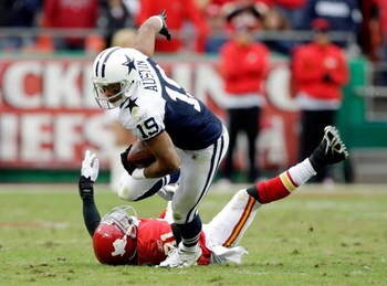 KANSAS CITY, MO - OCTOBER 11:  Miles Austin #19 of the Dallas Cowboys breaks a tackle and continues to the endzone for a touchdown to win the game in overtime during the game against the Kansas City Chiefs on October 11, 2009 at Arrowhead Stadiumin Kansas