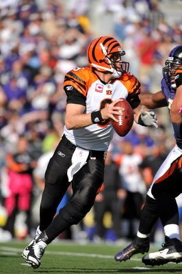 BALTIMORE - OCTOBER 11:  Carson Palmer #9 of the Cincinnati Bengals looks to pass against the Baltimore Ravens at M&T Bank Stadium on October 11, 2009 in Baltimore, Maryland. The Bengals defeated the Ravens 17-14. (Photo by Larry French/Getty Images)