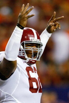 ATLANTA - SEPTEMBER 05:  Defensive lineman Terrence Cody #62 of the Alabama Crimson Tide reacts after a defensive stop against the Virginia Tech Hokies during the Chick-fil-A Kickoff Game at Georgia Dome on September 5, 2009 in Atlanta, Georgia.  (Photo b