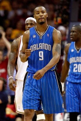 CLEVELAND - MAY 22: Rashard Lewis #9 of the Orlando Magic pumps his fist between plays against the Cleveland Cavaliers in Game Two of the Eastern Conference Finals during the 2009 Playoffs at Quicken Loans Arena on May 22, 2009 in Cleveland, Ohio. NOTE TO