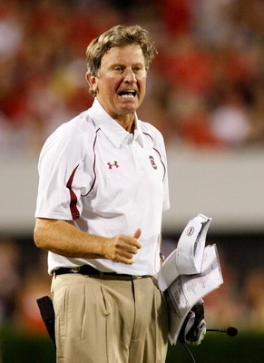ATHENS, GA - SEPTEMBER 12: Head coach Steve Spurrier of the South Carolina Gamecocks questions a call during the game against the Georgia Bulldogs at Sanford Stadium on September 12, 2009 in Athens, Georgia. (Photo by Kevin C. Cox/Getty Images)