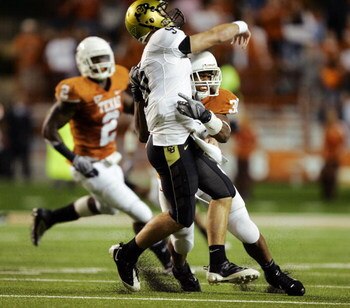AUSTIN, TX - OCTOBER 10: Linebacker Roddrick Muckelroy #38 of the Texas Longhorns sacks quarterback Tyler Hanson #9 of the Colorado Buffaloes as he gets called for intentional grounding in the fourth quarter on October 10, 2009 at Darrell K Royal-Texas Me