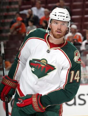 PHILADELPHIA - SEPTEMBER 29:  Martin Havlat #14 of the Minnesota Wild looks on during a break in NHL preaseason game action against the Philadelphia Flyers at the Wachovia Center on September 29, 2009 in Philadelphia, Pennsylvania.  The Wild defeated the 
